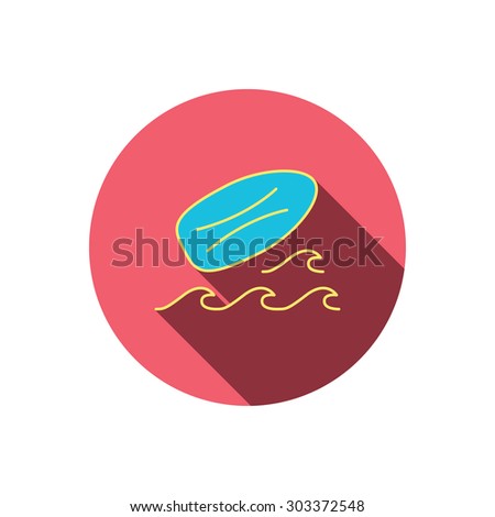 Surfboard icon. Surfing waves sign. Red flat circle button. Linear icon with shadow. Vector