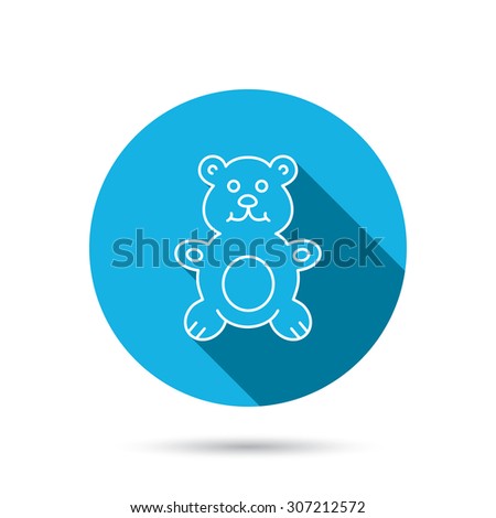 Teddy-bear icon. Baby toy sign. Plush animal symbol. Blue flat circle button with shadow. Vector