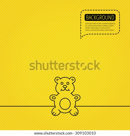 Teddy-bear icon. Baby toy sign. Plush animal symbol. Speech bubble of dotted line. Orange background. Vector