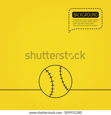 Baseball equipment icon. Sport ball sign. Team game symbol. Speech bubble of dotted line. Orange background. Vector