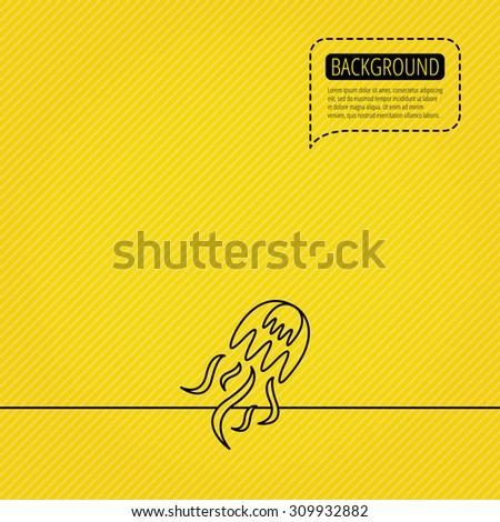 Jellyfish icon. Marine animal sign. Speech bubble of dotted line. Orange background. Vector