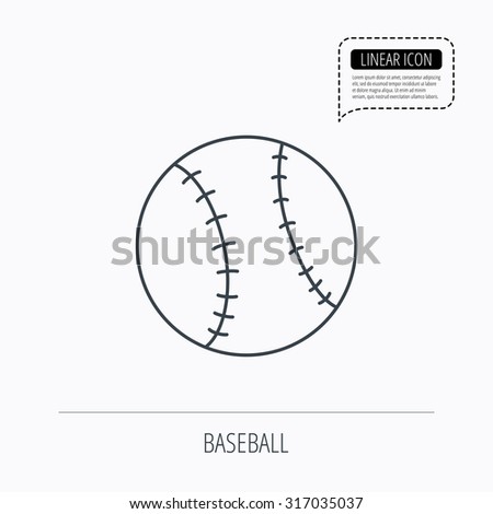 Baseball equipment icon. Sport ball sign. Team game symbol. Linear outline icon. Speech bubble of dotted line. Vector