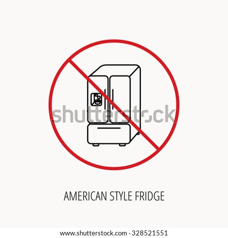 Stop or ban sign. American fridge icon. Refrigerator with ice sign. Prohibition red symbol. Vector