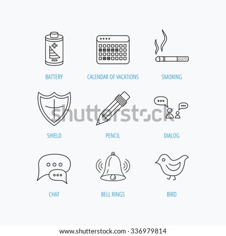 Battery, pencil and protection shield icons. Dialog chat, bell rings and vacation calendar linear signs. Bird, smoking allowed icons. Linear set icons on white background.