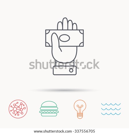 Money icon. Cash in giving hand sign. Payment symbol. Global connect network, ocean wave and burger icons. Lightbulb lamp symbol.