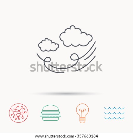 Wind icon. Cloud with storm sign. Strong wind or tempest symbol. Global connect network, ocean wave and burger icons. Lightbulb lamp symbol.