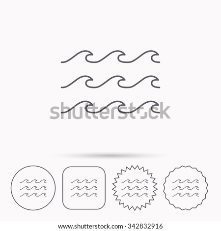 Waves icon. Sea flowing sign. Water symbol. Linear circle, square and star buttons with icons.