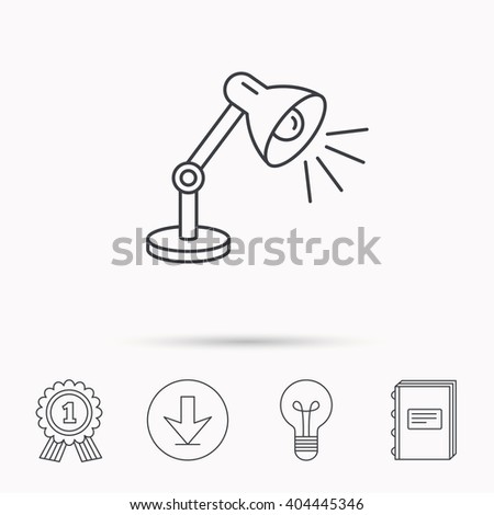 Table lamp icon. Desk light sign. Download arrow, lamp, learn book and award medal icons.