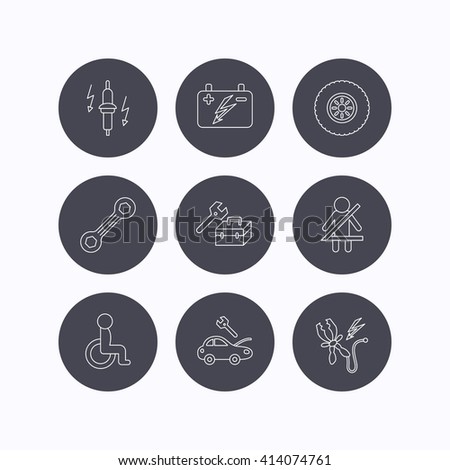 Accumulator, spanner tool and car service icons. Repair toolbox, wheel and spark plug linear signs. Disabled person, battery terminal icons. Flat icons in circle buttons on white background. Vector