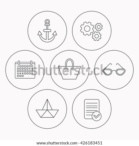 Paper boat, anchor and glasses icons. Ladies handbag linear sign. Check file, calendar and cogwheel icons. Vector