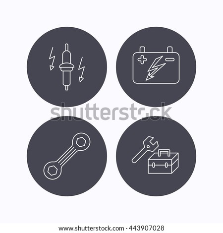 Accumulator, spanner tool and car service icons. Repair toolbox, spark plug linear signs. Flat icons in circle buttons on white background. Vector