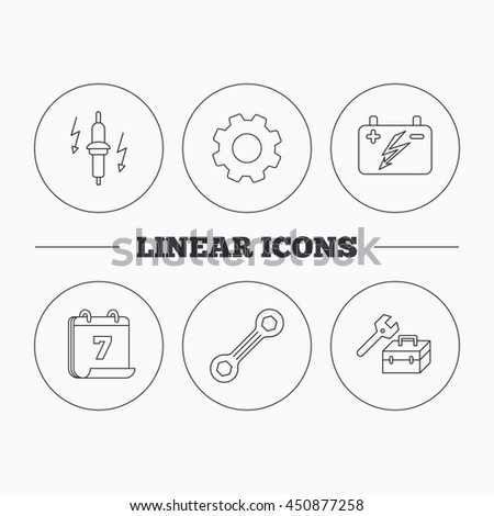 Accumulator, spanner tool and car service icons. Repair toolbox, spark plug linear signs. Flat cogwheel and calendar symbols. Linear icons in circle buttons. Vector