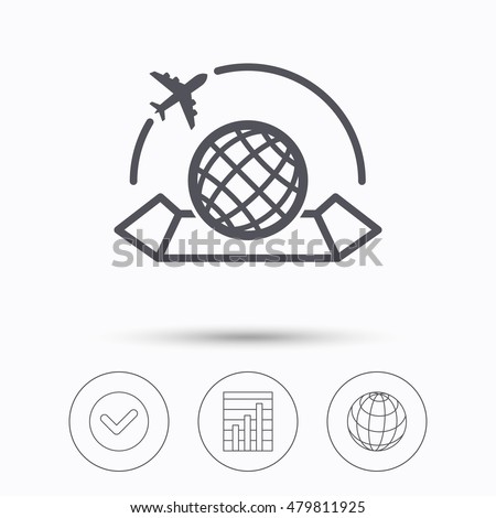 World map icon. Globe with airplane sign. Plane travel symbol. Check tick, graph chart and internet globe. Linear icons on white background. Vector