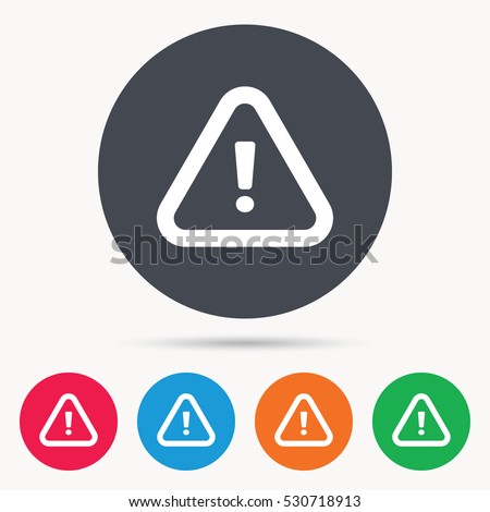 Warning icon. Attention exclamation mark symbol. Colored circle buttons with flat web icon. Vector