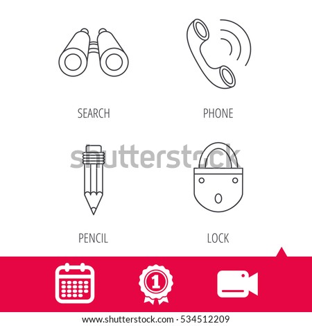 Achievement and video cam signs. Phone call, pencil and search icons. Lock linear sign. Calendar icon. Vector