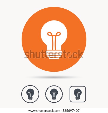 Light bulb icon. Lamp sign. Illumination technology symbol. Orange circle button with web icon. Star and square design. Vector