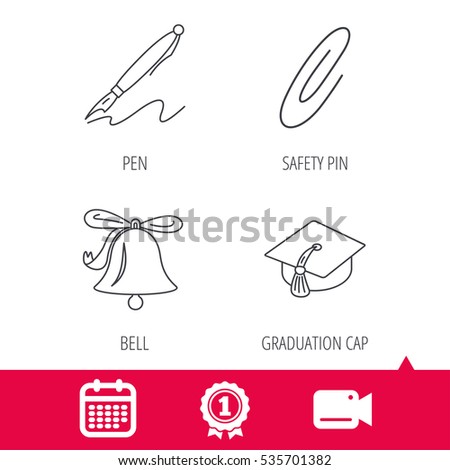 Achievement and video cam signs. Graduation cap, pen and bell icons. Safety pin linear signs. Calendar icon. Vector