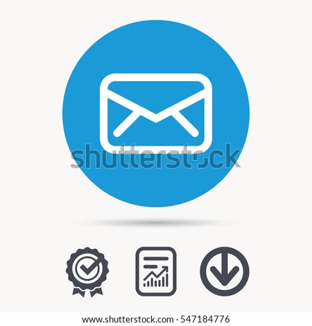 Envelope icon. Send email message sign. Internet mailing symbol. Achievement check, download and report file signs. Circle button with web icon. Vector