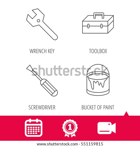 Achievement and video cam signs. Wrench key, screwdriver and paint bucket icons. Toolbox linear sign. Calendar icon. Vector