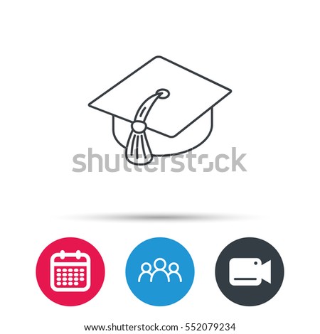 Graduation cap icon. Diploma ceremony sign. Group of people, video cam and calendar icons. Vector