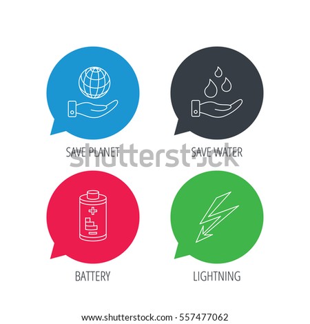 Colored speech bubbles. Save planet, water and battery icons. Lightning linear sign. Flat web buttons with linear icons. Vector