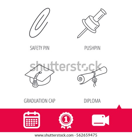 Achievement and video cam signs. Graduation cap, pushpin and diploma icons. Safety pin linear sign. Calendar icon. Vector