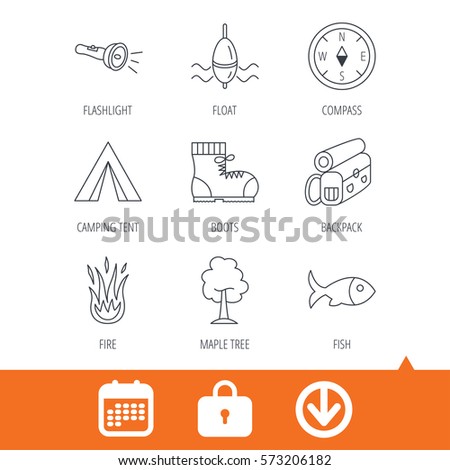 Maple tree, fishing float and hiking boots icons. Compass, flashlight and fire linear signs. Camping tent, fish and backpack icons. Download arrow, locker and calendar web icons. Vector
