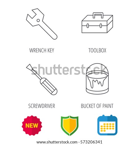 Wrench key, screwdriver and paint bucket icons. Toolbox linear sign. Shield protection, calendar and new tag web icons. Vector