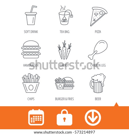 Hamburger, pizza and soft drink icons. Beer, tea bag and chips fries linear signs. Chicken leg, carrot icons. Download arrow, locker and calendar web icons. Vector