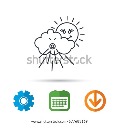 Wind icon. Cloud with sun and storm sign. Strong wind or tempest symbol. Calendar, cogwheel and download arrow signs. Colored flat web icons. Vector