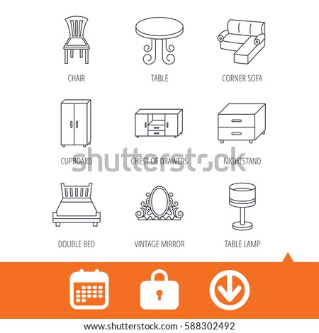 Corner sofa, table and cupboard icons. Chair, lamp and nightstand linear signs. Vintage mirror, double bed and chest of drawers icons. Download arrow, locker and calendar web icons. Vector