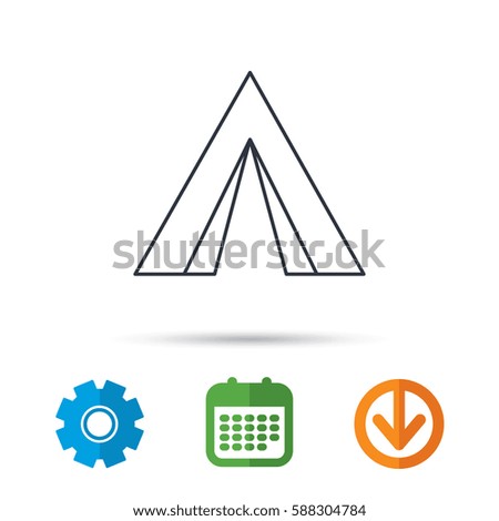 Tourist tent icon. Camping travel hike sign. Calendar, cogwheel and download arrow signs. Colored flat web icons. Vector