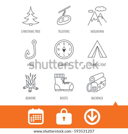 Mountain, fishing hook and hiking boots icons. Compass, backpack and bonfire linear signs. Camping tent, teleferic and christmas tree icons. Download arrow, locker and calendar web icons. Vector