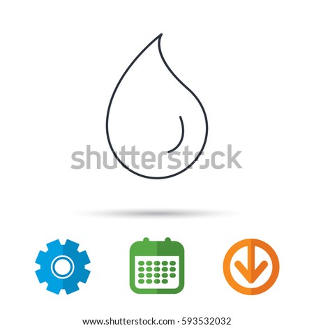 Water drop icon. Liquid sign. Freshness, condensation or washing symbol. Calendar, cogwheel and download arrow signs. Colored flat web icons. Vector