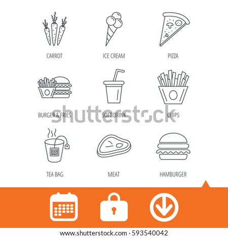 Hamburger, pizza and soft drink icons. Tea bag, meat and chips fries linear signs. Ice cream, carrot icons. Download arrow, locker and calendar web icons. Vector