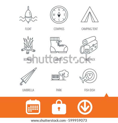Park, fishing float and hiking boots icons. Compass, umbrella and bonfire linear signs. Camping tent, fish dish and tree icons. Download arrow, locker and calendar web icons. Vector