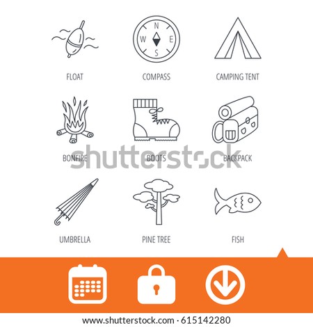Pine tree, fishing float and hiking boots icons. Compass, umbrella and bonfire linear signs. Camping tent, fish and backpack icons. Download arrow, locker and calendar web icons. Vector