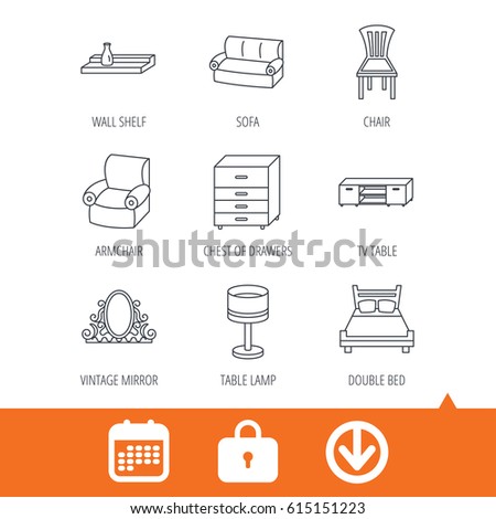 Double bed, table lamp and armchair icons. Chair, lamp and vintage mirror linear signs. Wall shelf, sofa and chest of drawers furniture icons. Download arrow, locker and calendar web icons. Vector
