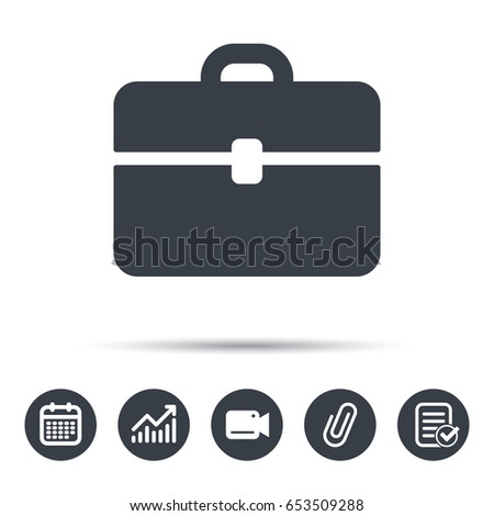 Briefcase icon. Diplomat handbag symbol. Business case sign. Calendar, chart and checklist signs. Video camera and attach clip web icons. Vector