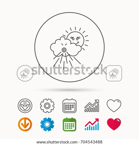 Wind icon. Cloud with sun and storm sign. Strong wind or tempest symbol. Calendar, Graph chart and Cogwheel signs. Download and Heart love linear web icons. Vector