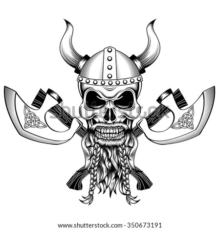 Skull Viking Helmet With Horns And Two Crossed Axes Stock Vector ...