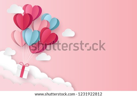illustration of love and valentine day with heart baloon, gift and clouds. Paper cut style. Vector illustration Сток-фото © 