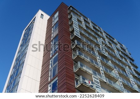 Image, Stock Photo Renovated high-rise building with apartments and apartments with balconies in the style of the seventies in the light of the evening sun on the Seckbacher Landstraße on the Bornheimer Hang in the district of Bornheim in Frankfurt am Main in Hesse