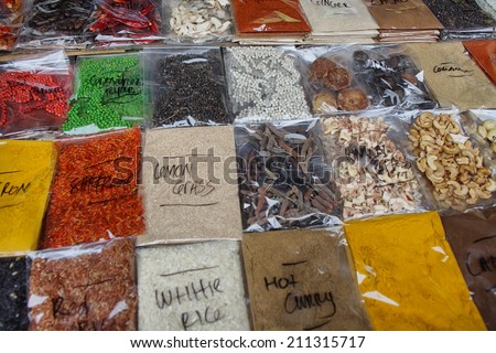 Assortment of diferent spices and teas on a market stall in Bali, Indonesia.