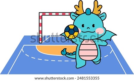 Dragon Character Playing Handball. outline vector illustration.