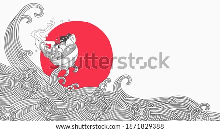 Illustration of ramen with empty space for text,  noodles soup, asian food