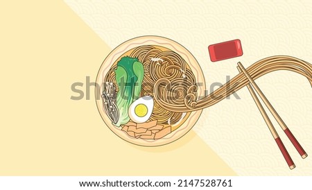 Traditional food, plate with ramen, asian soup. Bamboo, soup, noodles, egg, mushrooms, pak coi. Chopsticks holder noodles