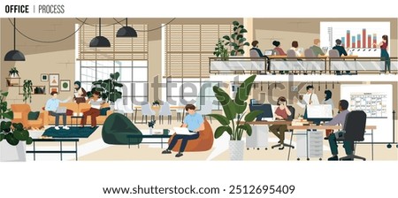 Modern office environment illustration featuring a diverse team of professionals engaging in various work activities.