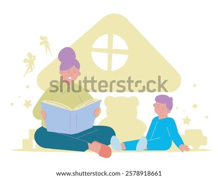 A parent reading a bedtime story to a child in a cozy, imaginative setting filled with stars, toys, and a warm home atmosphere, promoting bonding and a love for storytelling.