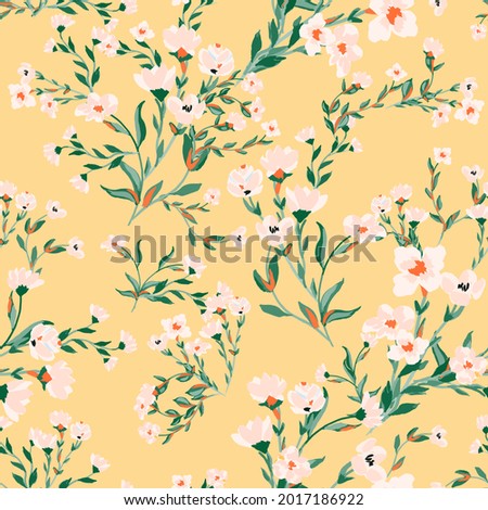 Beautiful floral motif. pink flowers intertwined in a seamless pattern on a gentle yellow background